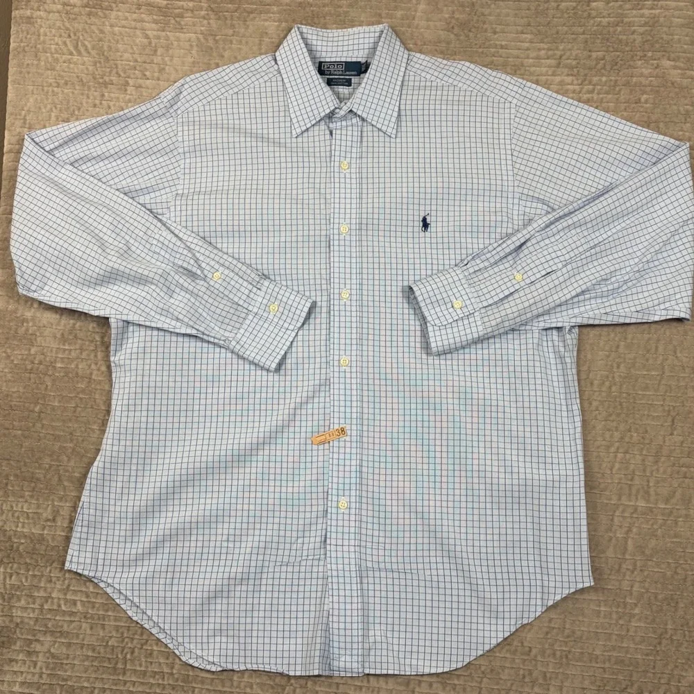 Polo Ralph Lauren Andrew Shirt Mens 16.5 35 Blue White Grid Check Vintage Cotton